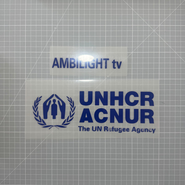 Sponsors thermocollants Ambilight TV et UNHCR ACNUR en bleu pour maillot du FC Barcelone